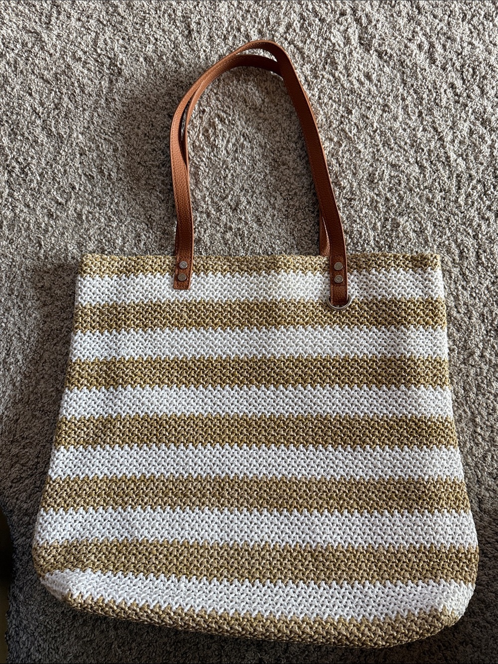 Striped Woven Tote Bag in White and Tan